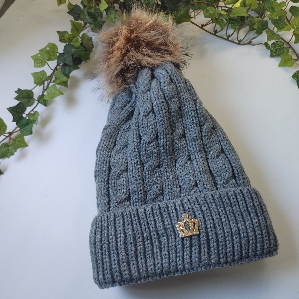 Grey Cable Knit Pom Pom Beanie Knit Hat